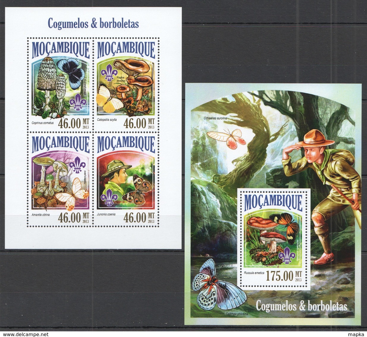 ST2501 2013 MOZAMBIQUE MOCAMBIQUE FLORA & FAUNA BUTTERFLIES MUSHROOMS BORBOLETAS SCOUTING KB+BL MNH - Schmetterlinge