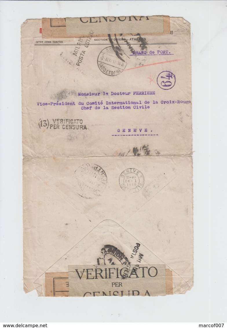 ENVELOPPE  EN FRANCHISE DE GRECE VERS GENEVE CROIX ROUGE - MILANO POSTA ESTERA -  - CENSUREE  1919 - Cartas & Documentos