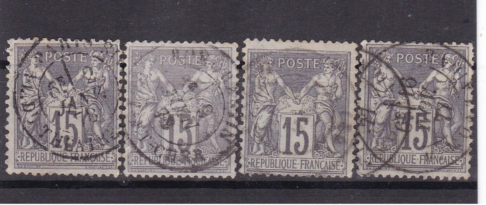 # Z.10870 France Republic 1876 - 78 Type II. 4 X Value 15c. Used, Yvert 77, Michel 61 II: Pax & Mercur - 1876-1898 Sage (Type II)