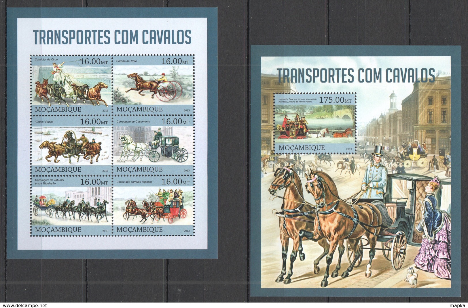 ST2622 2013 MOZAMBIQUE MOCAMBIQUE FAUNA HORSES TRANSPORT TRANSPORTES COM CAVALOS KB+BL MNH - Horses