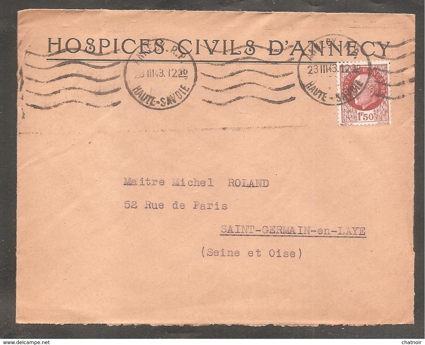 Enveloppe  HOSPICES  CIVILS D ANNECY  Oblit 1,50 Fr Petain  ANNECY R P  HAUTE SAVOIE  1943 - 1941-42 Pétain