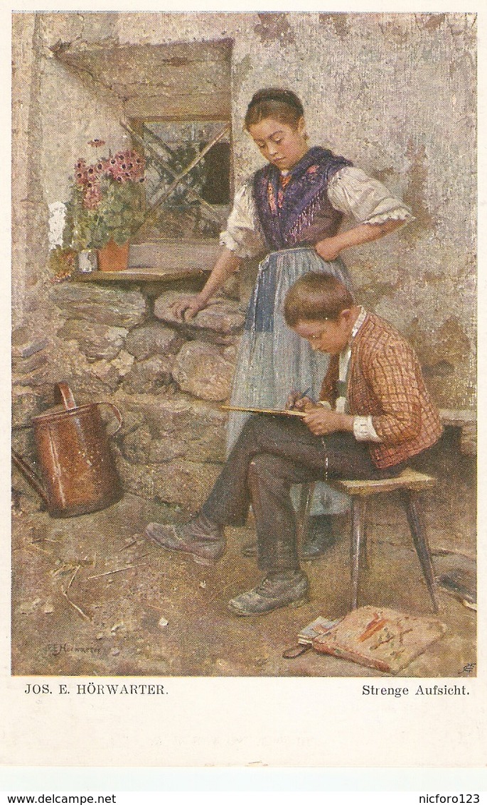 "Jos. E. Horwarter. Boy And Girl. Strene Aufsicht" Fine Painting, Vintage German Postcard - Otros & Sin Clasificación