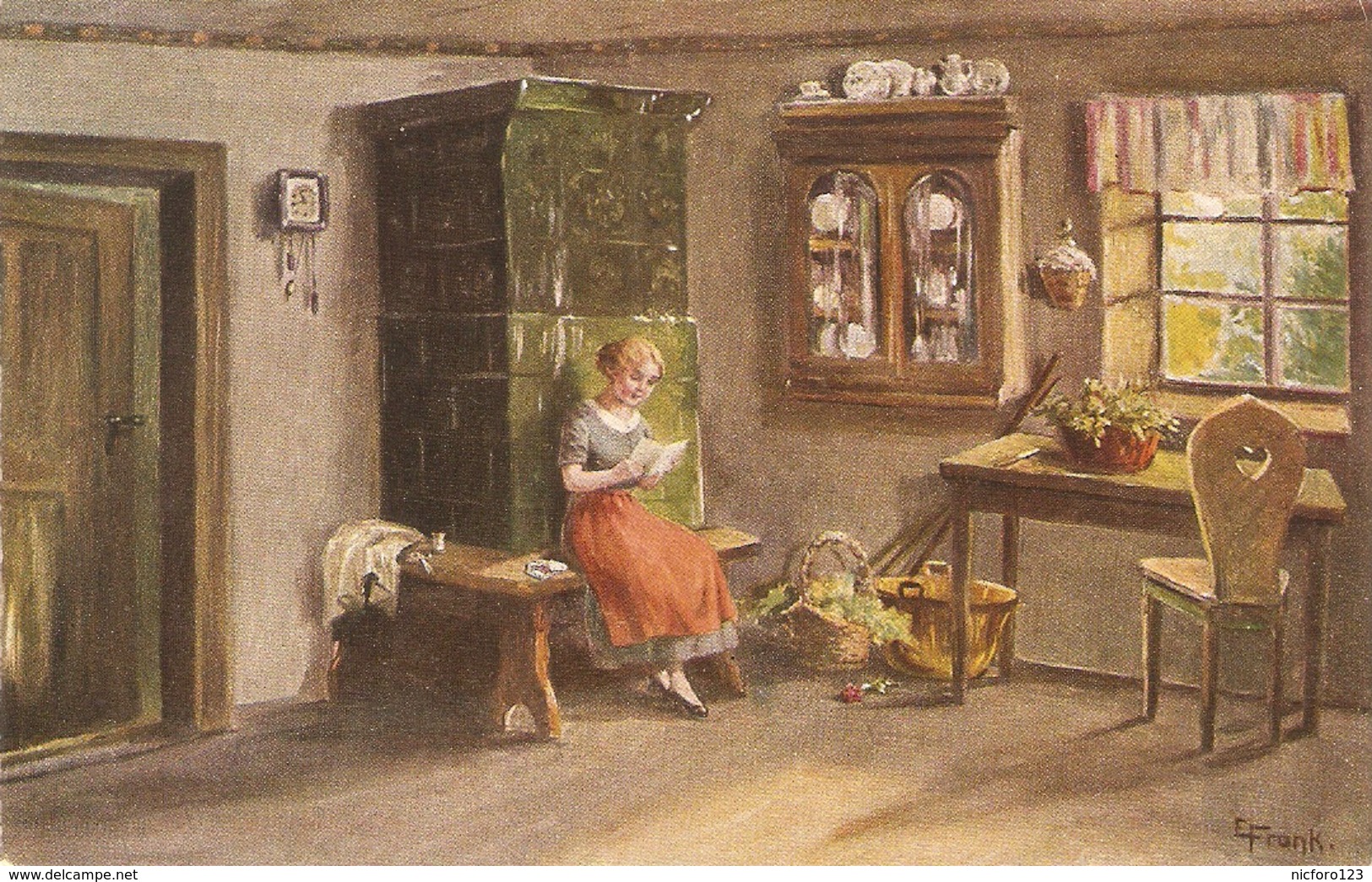 "E. Frank.Lady Reading. Unterbrochene Arbeit" Fine Painting, Vintage German Postcard - Mujeres