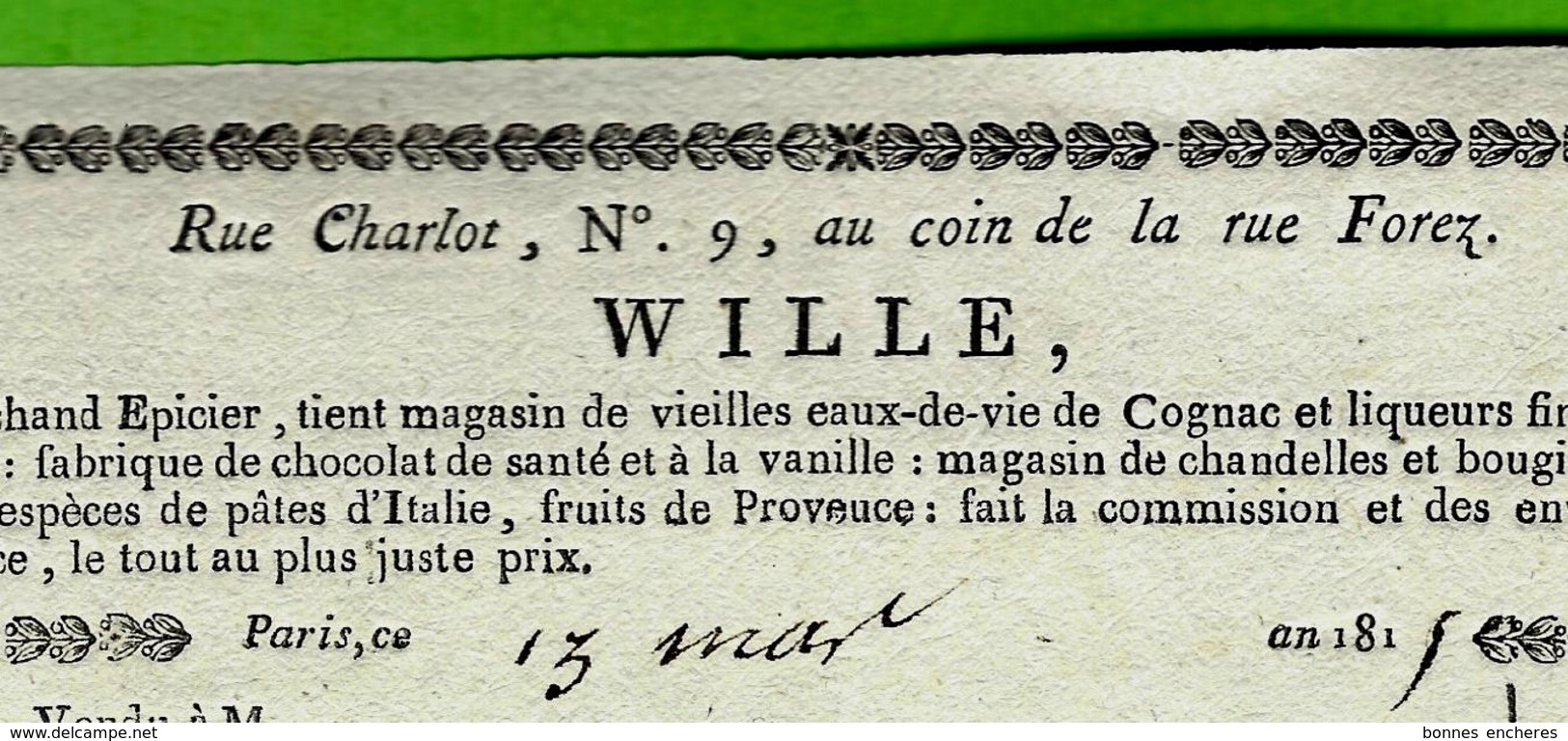 VIE PARISIENNE 1815 SUPERBE FACTURE Signé MARCHAND EPICIER à Paris  MARAIS Rue Charlot   Belle Impression V.SCANS - 1800 – 1899