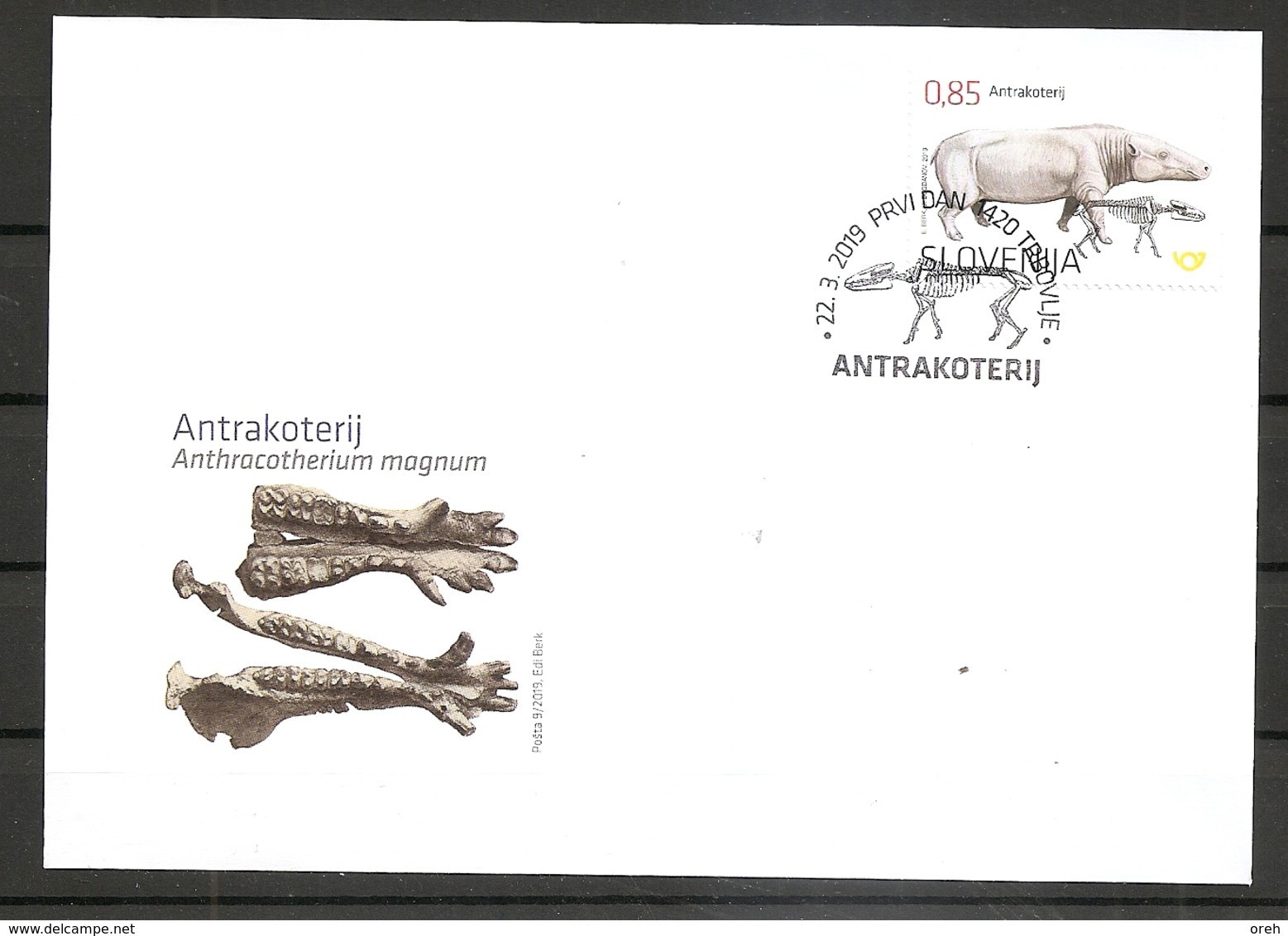 SLOVENIA 2019,FOSSIL MAMMALS OF SLOVENIA-ANTHRACOTHERE,FDC - Fossilien