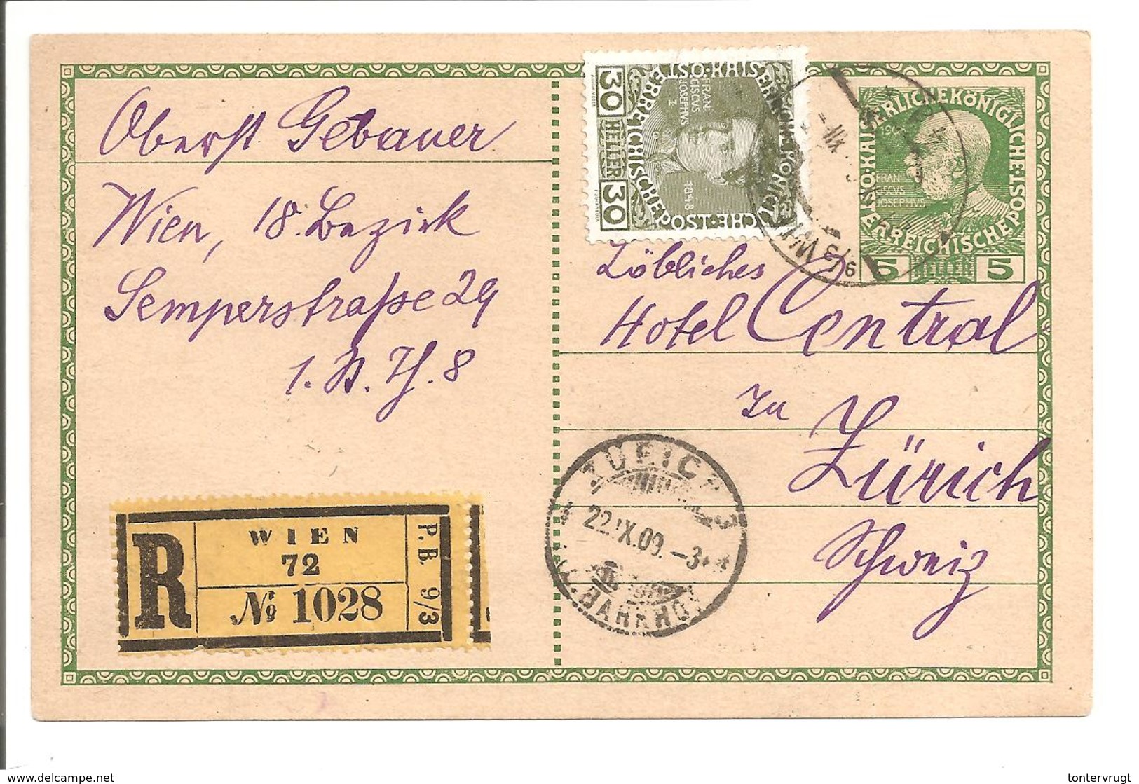 Österreich Ganzsache Pkt. 5H 1908 EINSCHREIBEN ZF 30H Franz Josef Mi 148 Wien>Zürich - Sonstige & Ohne Zuordnung