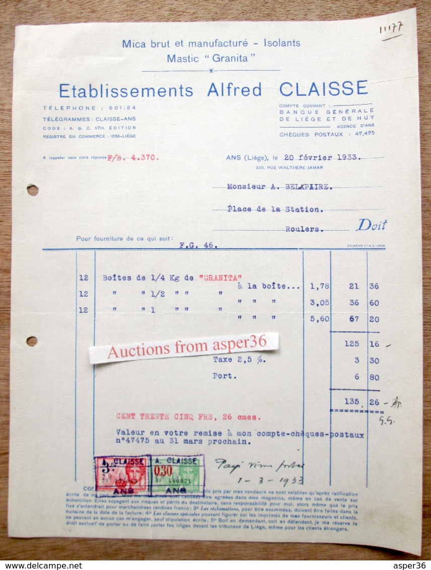 Mica Brut Et Manufacturé, Ets Alfred Claisse, Rue Walthère Jamar, Liége 1933 - 1900 – 1949