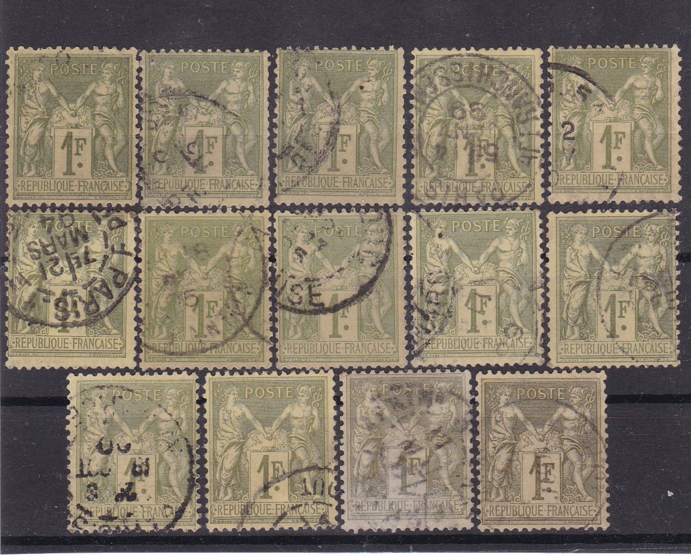 # Z.10875 France Republic 1876 - 78 Type II. 14 X Value 1 Fr. Used, Yvert 82, Michel 67 II: Pax & Mercur - 1876-1898 Sage (Type II)