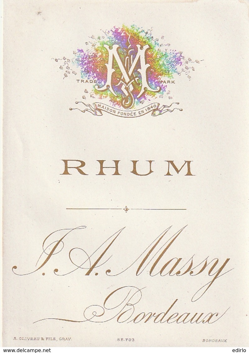 ***  étiquette ***  - RHUM Certainement Avant 1900 - Maison  Massy Bordeaux - Dorée TTB - Other & Unclassified