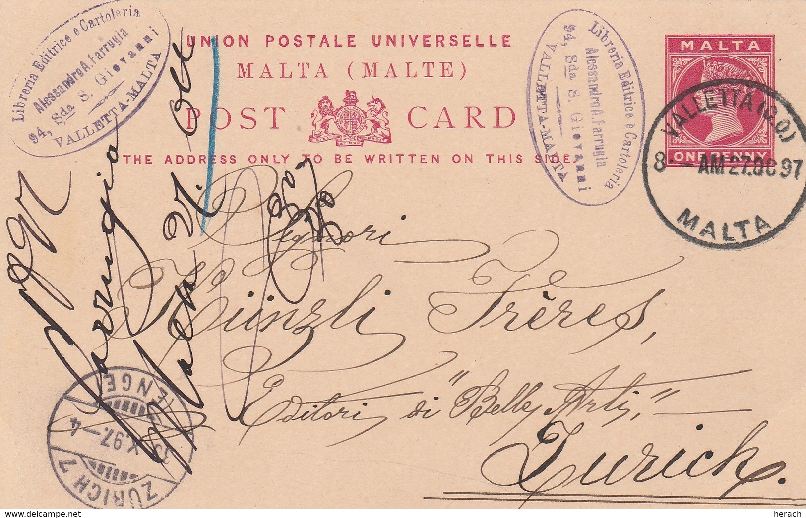 Malte Entier Postal Pour La Suisse 1897 - Malta