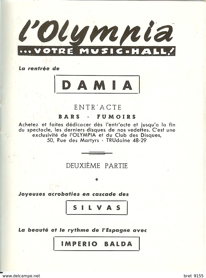 PROGRAMME OLYMPIA  A PARTIR DU 4 AOUT 1955 AUTOGRAPHES VERITABLES DE DAMIA MARIE DUBAS ET ROLAND GERBEAU VOIR LES SCANS