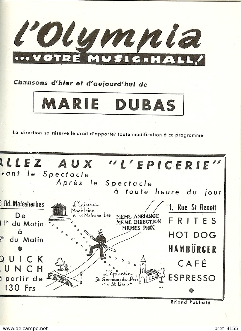 PROGRAMME OLYMPIA  A PARTIR DU 4 AOUT 1955 AUTOGRAPHES VERITABLES DE DAMIA MARIE DUBAS ET ROLAND GERBEAU VOIR LES SCANS