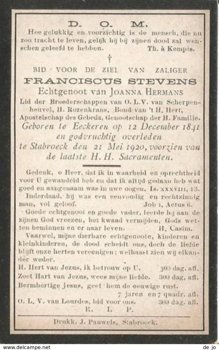 STEVENS Franciscus °1841 Ekeren + 1920 Stabroek - E. Hermans Doodsprentje Image Mortuaire  Funeral - Godsdienst & Esoterisme