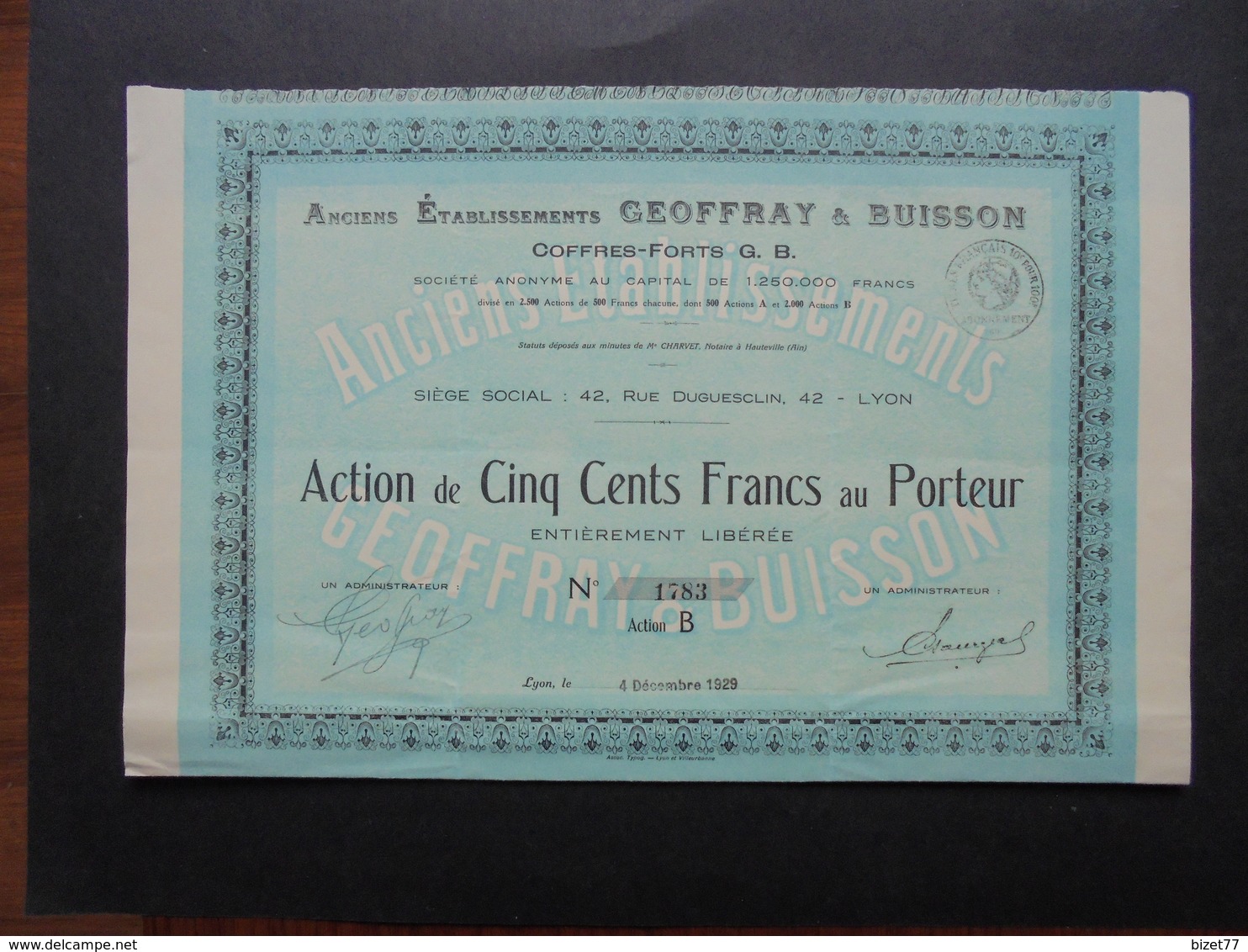 FRANCE - LYON 1929 - ANC. ETS. GEOFFRAY BUISSON : COFFRES FORT G.B. - ACTION B DE 500 FRS - Altri & Non Classificati