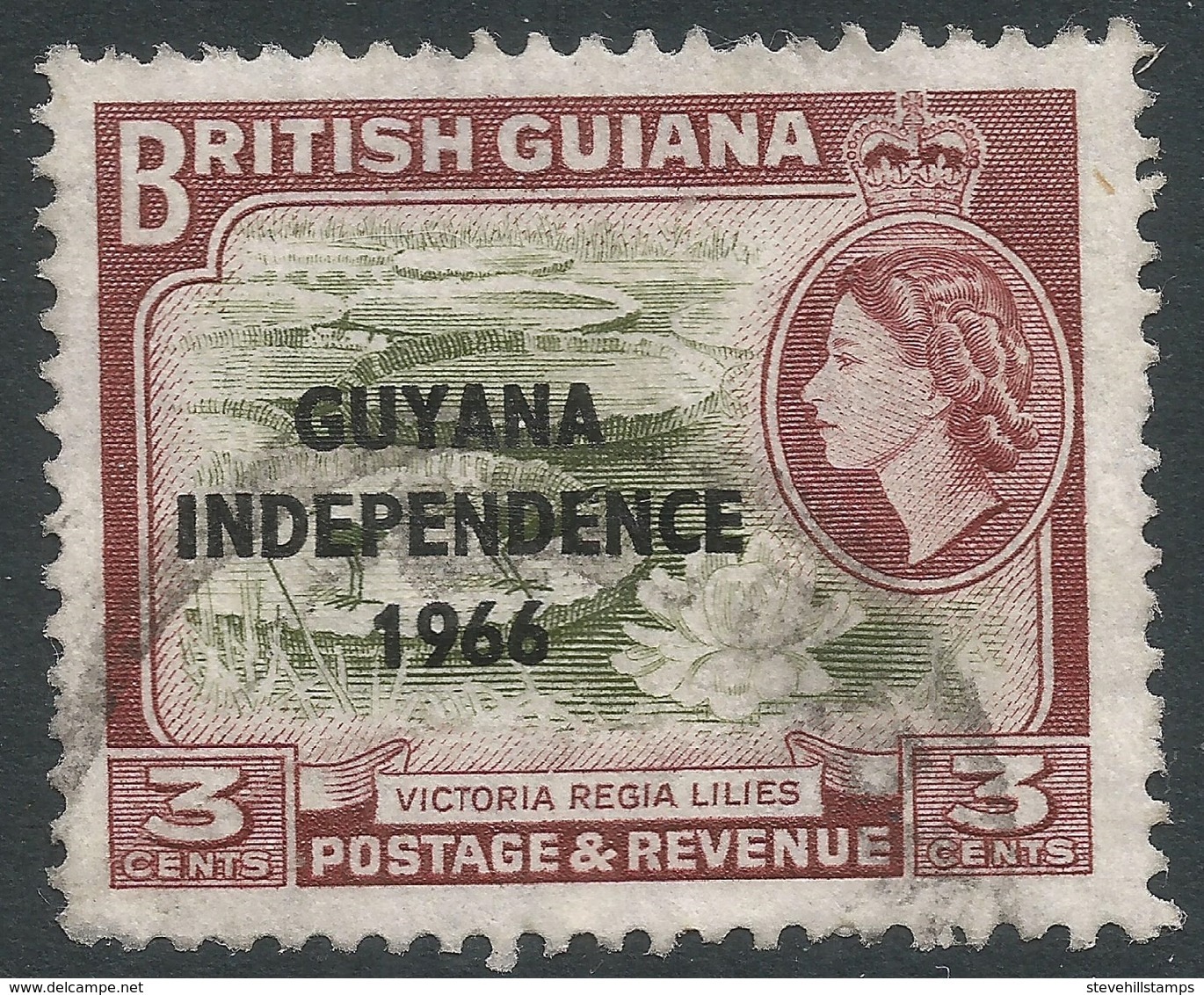 Guyana. 1966 Independence O/P. 3c Used. Upright Block CA W/M SG 386 - Guyane (1966-...)