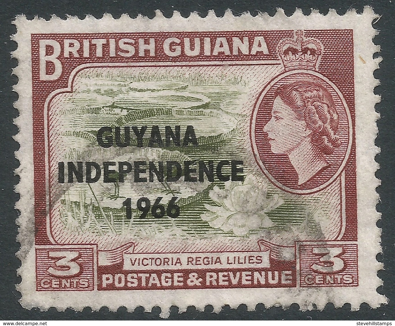 Guyana. 1966 Independence O/P. 3c Used. Upright Block CA W/M SG 386 - Guyana (1966-...)