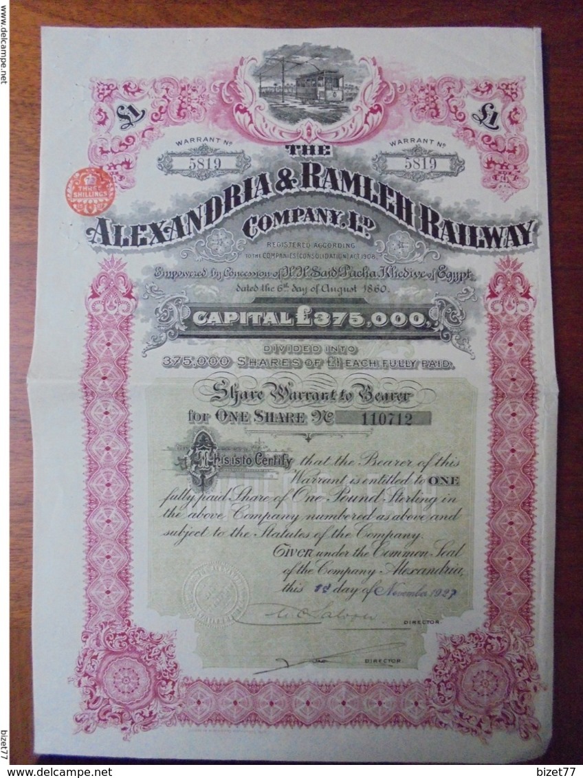 EGYPTE - ALEXANDRIE 1927 - THE ALEXANDRIA AND RAMLEH RAILWAY CIE - TITRE DE 1 £ - BELLE VIGNETTE - Autres & Non Classés