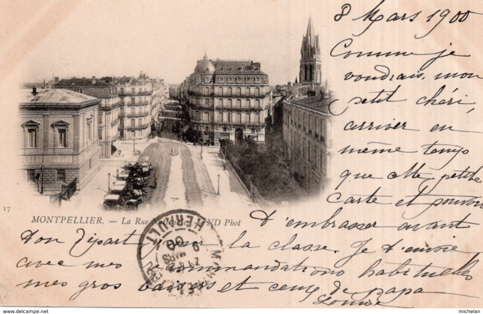 CPA   34   MONTPELLIER---LA RUE NATIONALE---ATTENTION TIMBRE RARE ?---1900 - Montpellier