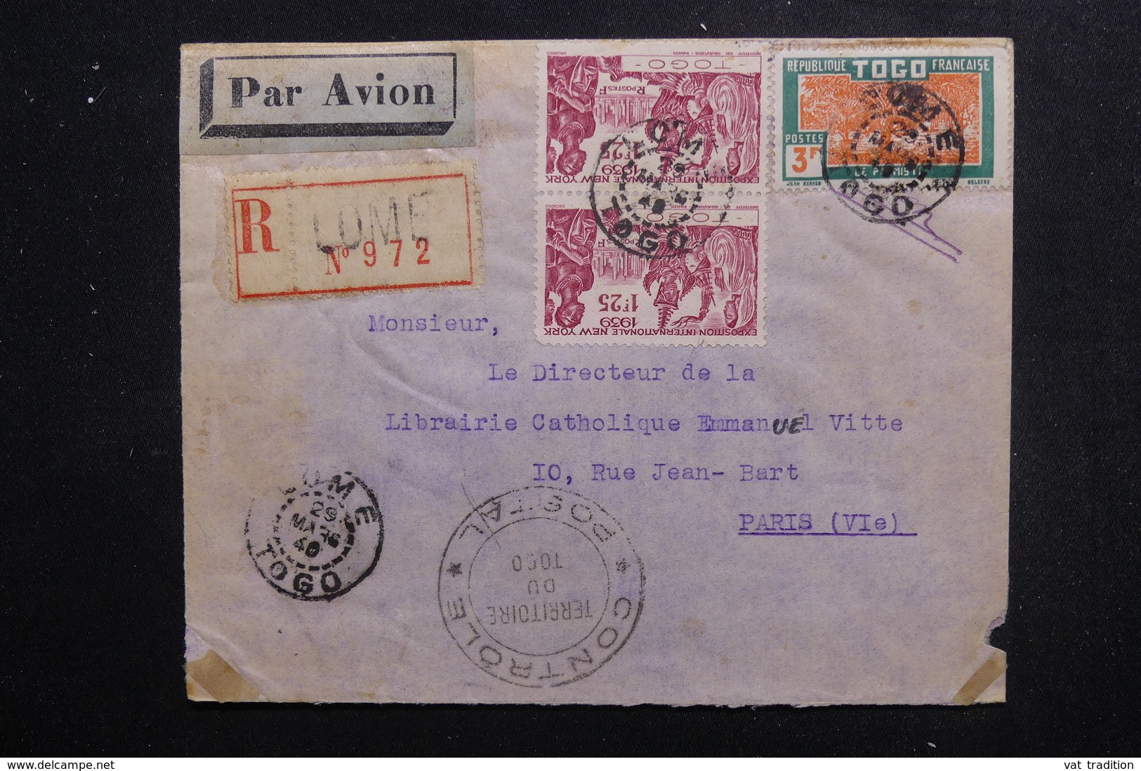 TOGO - Enveloppe En Recommandé De Lomé Pour Paris En 1940 Avec Contrôle, Affranchissement Plaisant - L 49515 - Brieven En Documenten