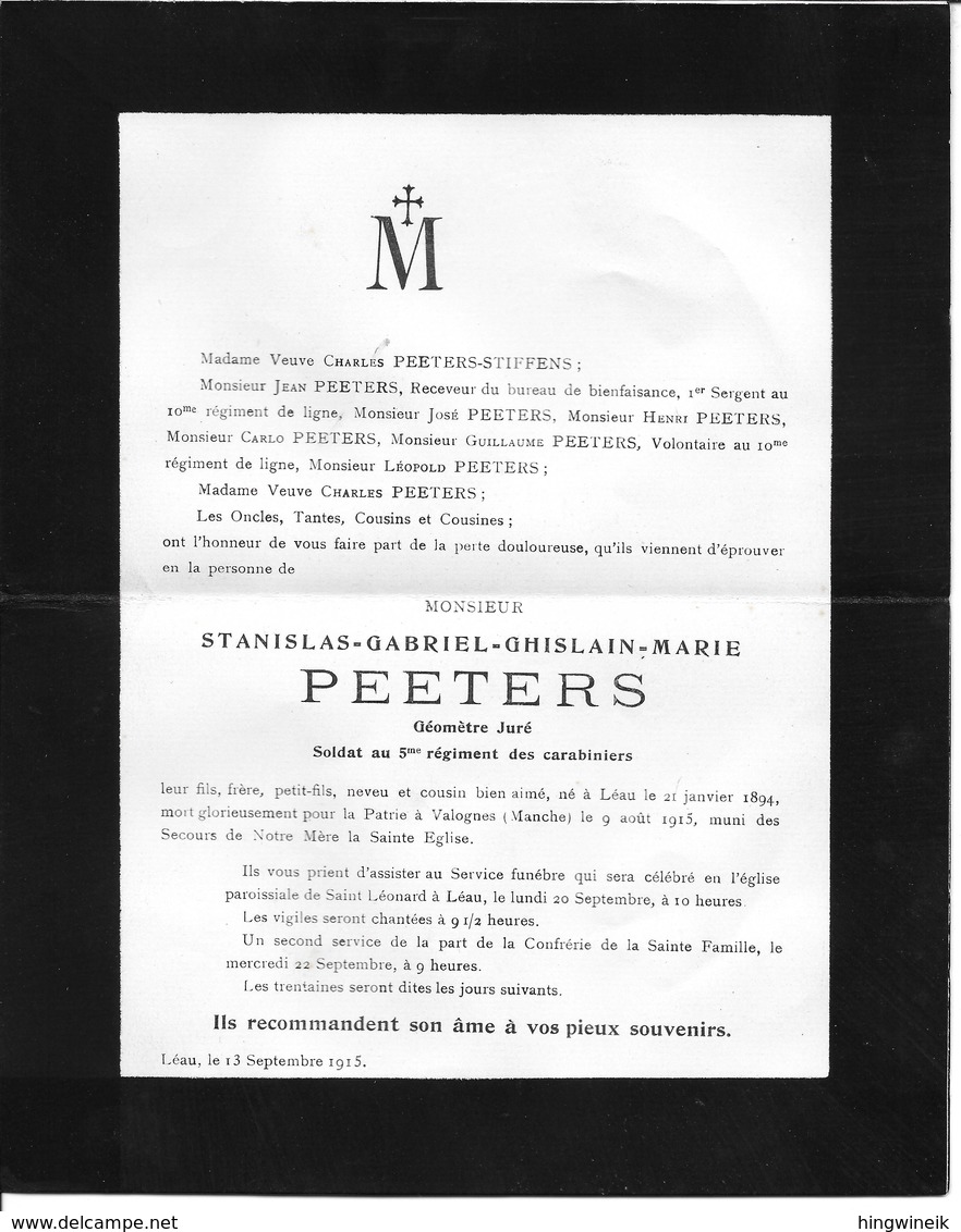 Peeters S.g.g.m. ( Doodsbrief -gesneuveld Zoutleeuw 1894- Valognes 1915) - Religion &  Esoterik