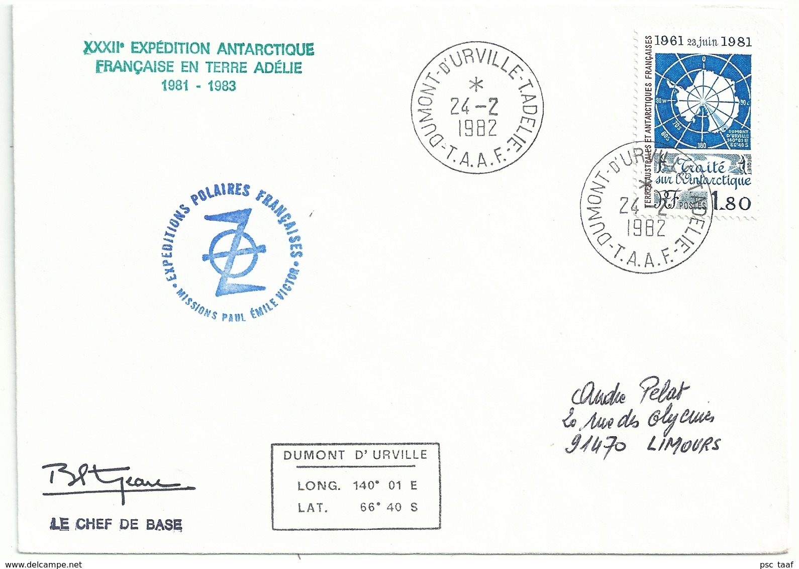 YT 91 - Traité Sur L'Antarctique - Carte Du Pôle Sud - Dumont D'Urville - Terre Adélie - 24/02/1982 - Storia Postale