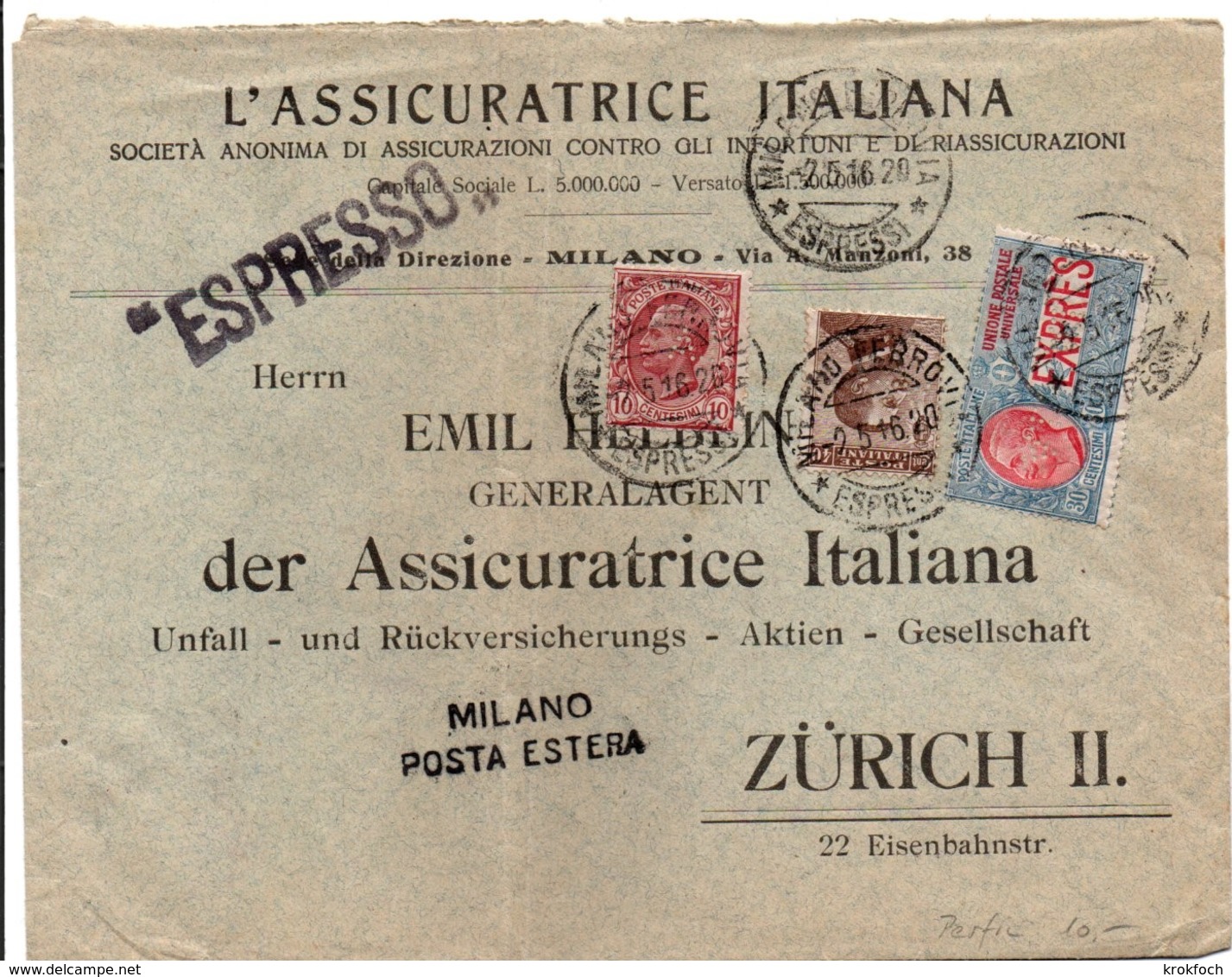 Perforata AI Assicuratrice Italiana 1916 - Milano Posta Estera - Perfint Perforé Perforated - Espresso Express - Storia Postale