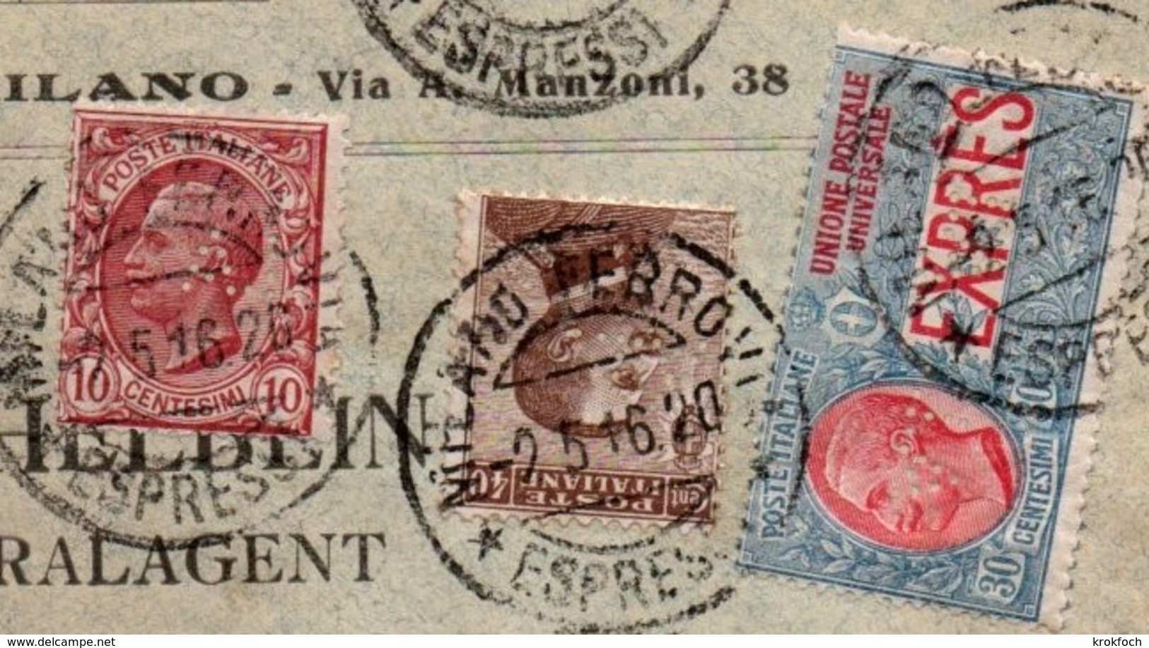 Perforata AI Assicuratrice Italiana 1916 - Milano Posta Estera - Perfint Perforé Perforated - Espresso Express - Storia Postale