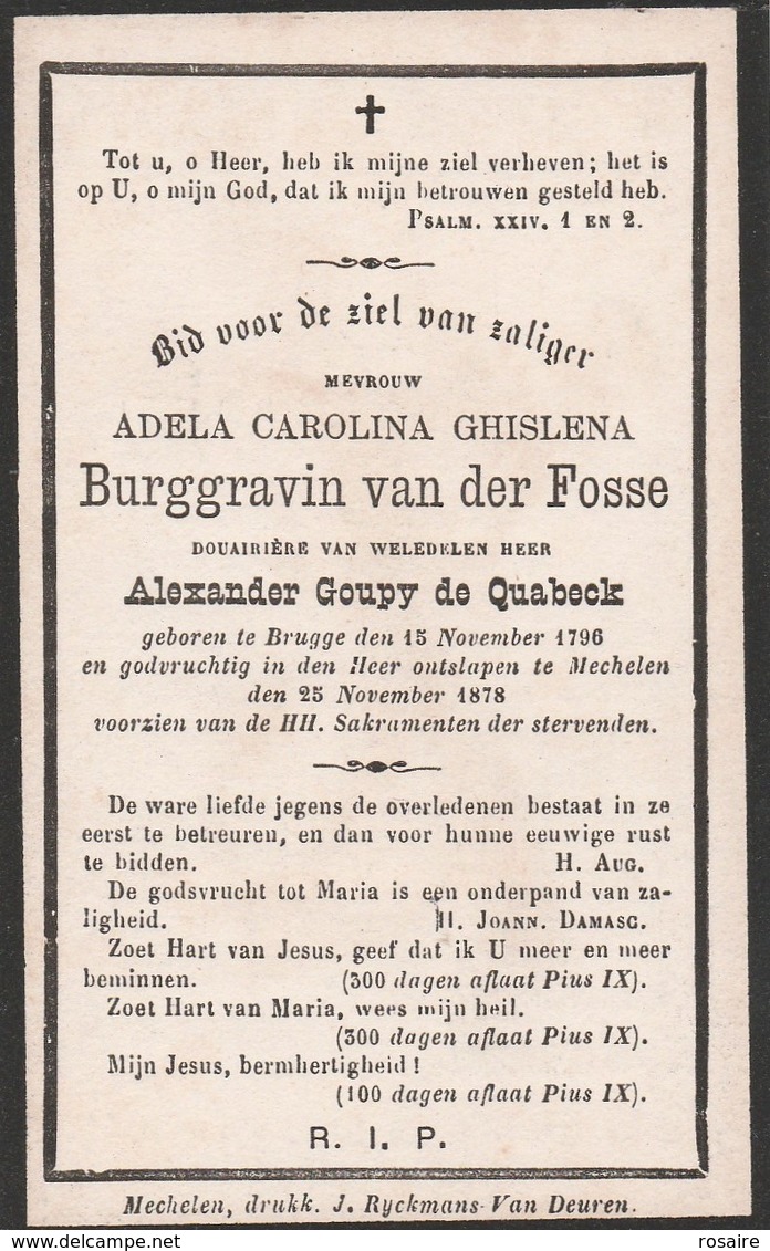 Burggravin Adela Carolina Ghislena Van Der Fosse-brugge 1796-mechelen 1878 - Devotieprenten