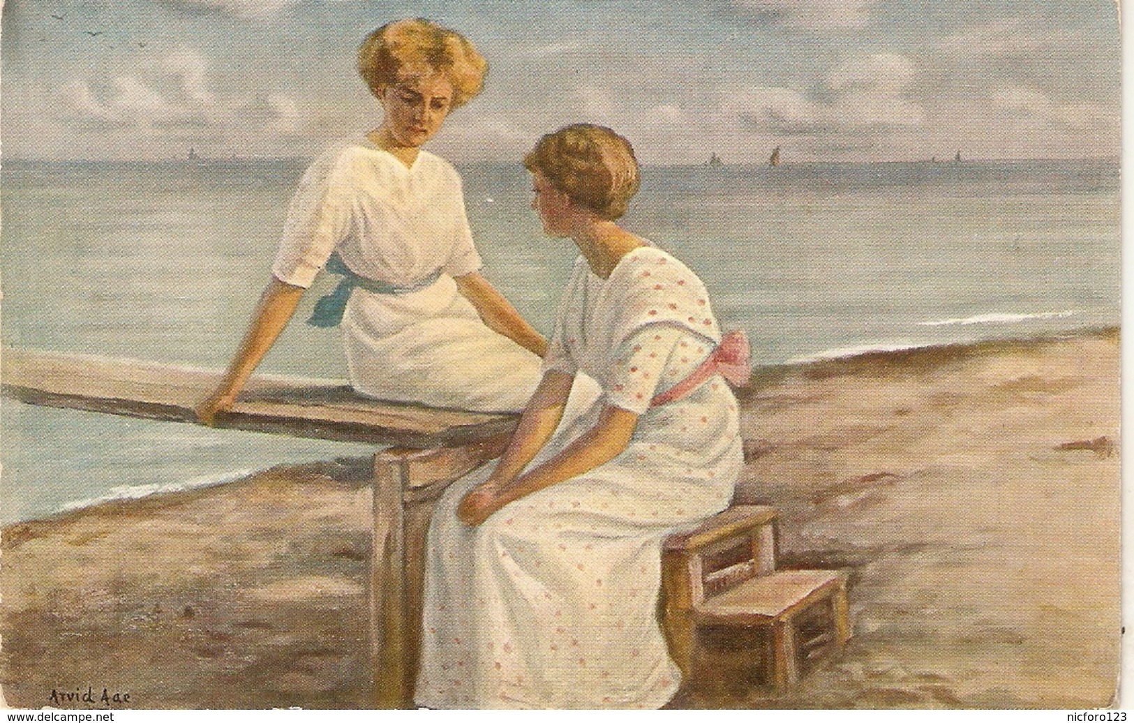 "Arvid Aae.Ladies Sommeridyl" Fine Painting, Vintage Danish Postcard - Mujeres