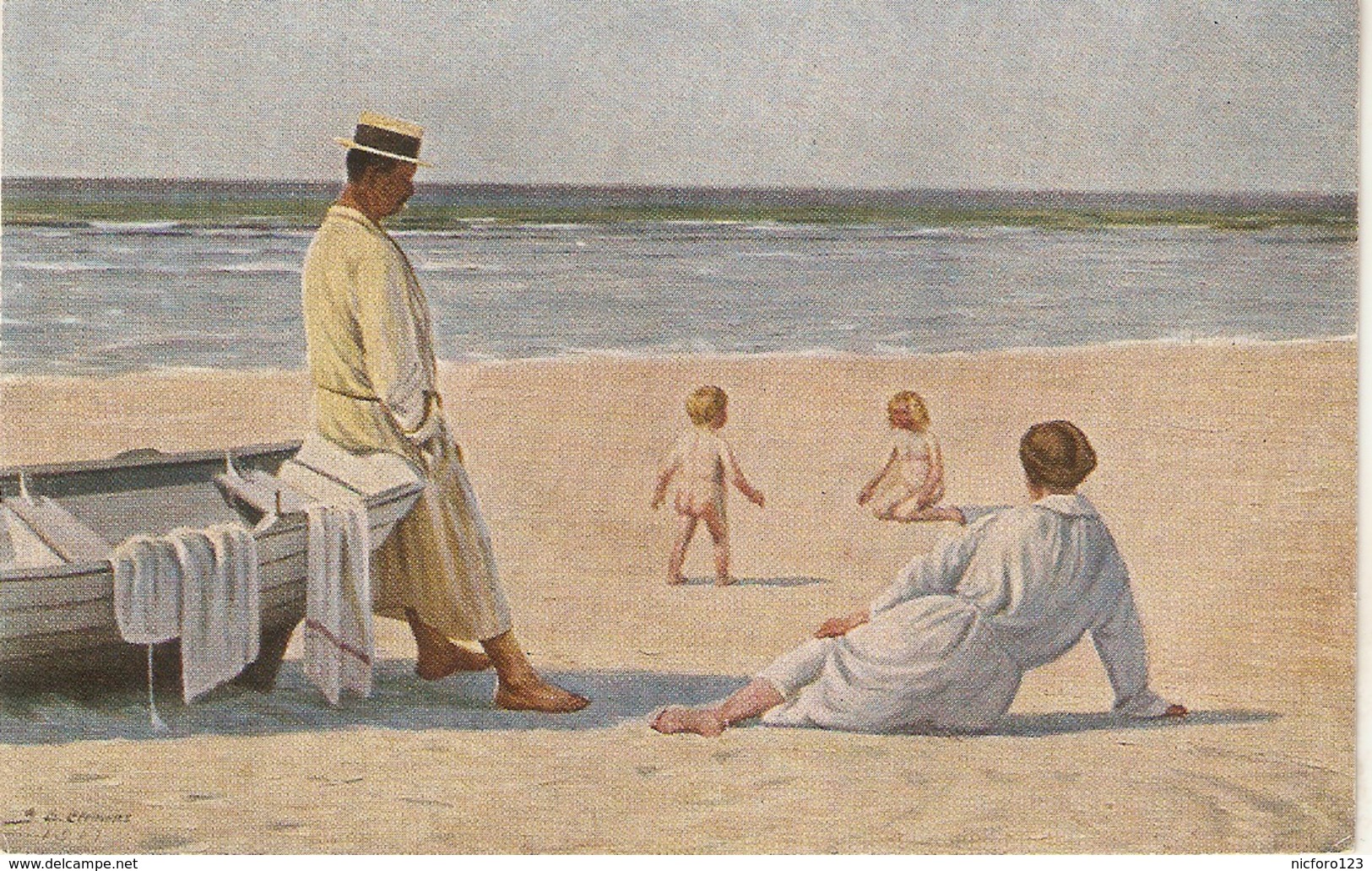 "G.A. Clemen. Family At The Beach. Sonnenbad" Fine Painting, Vintage Danish Postcard - Mujeres