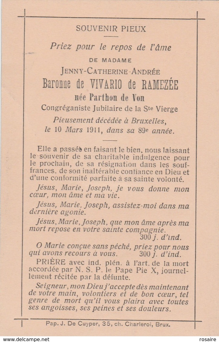 Baronne Jenny Catherine Andrée Parthon De Von-bruxelles 1911 - Andachtsbilder