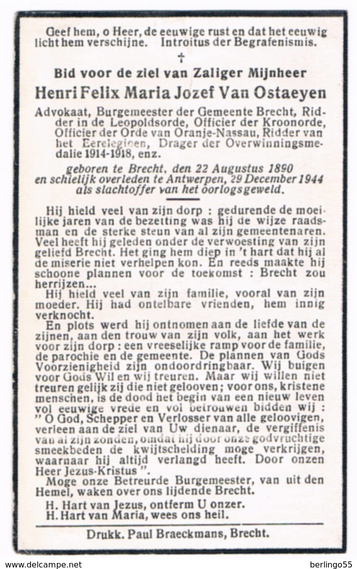 Dp . Burgemeester Te Brecht: Van Ostaeyen Henri. ° Brecht 1890 &dagger; Antwerpen 1944  (2 Scan's) - Godsdienst & Esoterisme