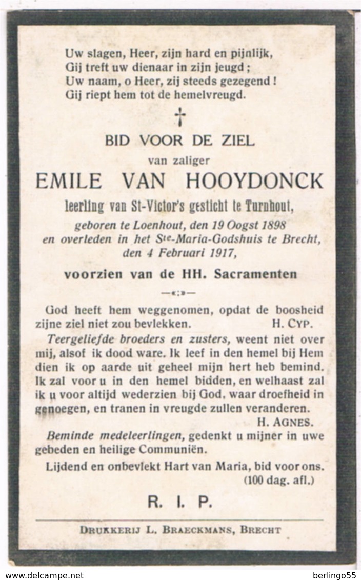 Dp. Van Hooydonck Emile. ° Loenhout 1898 † Ste. Maria-Godshuis Te Brecht 1917  (2 Scan's) - Godsdienst & Esoterisme