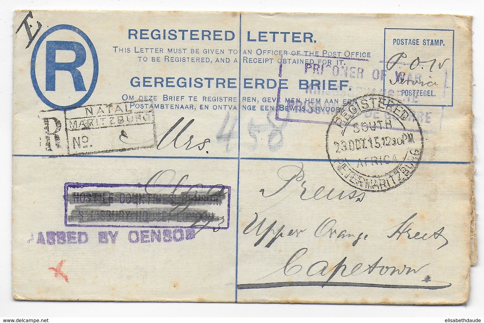 SOUTH AFRICA - 1917 - PRISONNIER De GUERRE !! - ENV. ENTIER RECOMMANDEE CENSUREE De PETERMARITZBURG (NATAL) => CAPETOWN - Covers & Documents