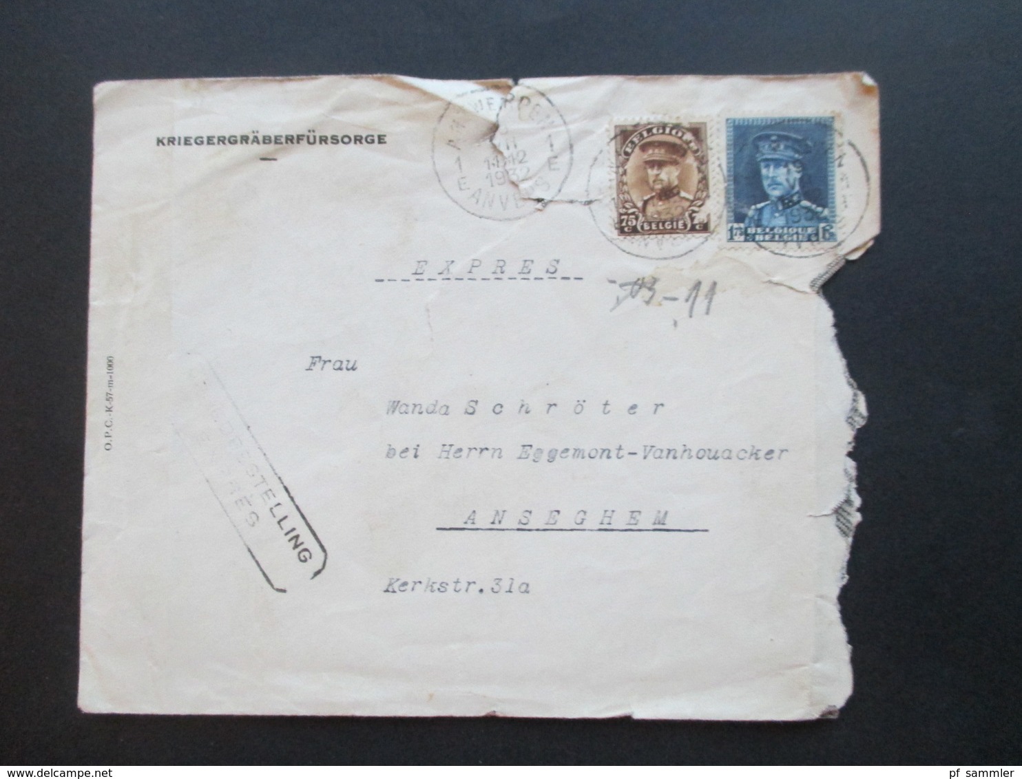 Belgien 1932 Umschlag Der Kriegsgräberfürsorge Aus Antwerpen Nach Anseghem Express Brief - Storia Postale