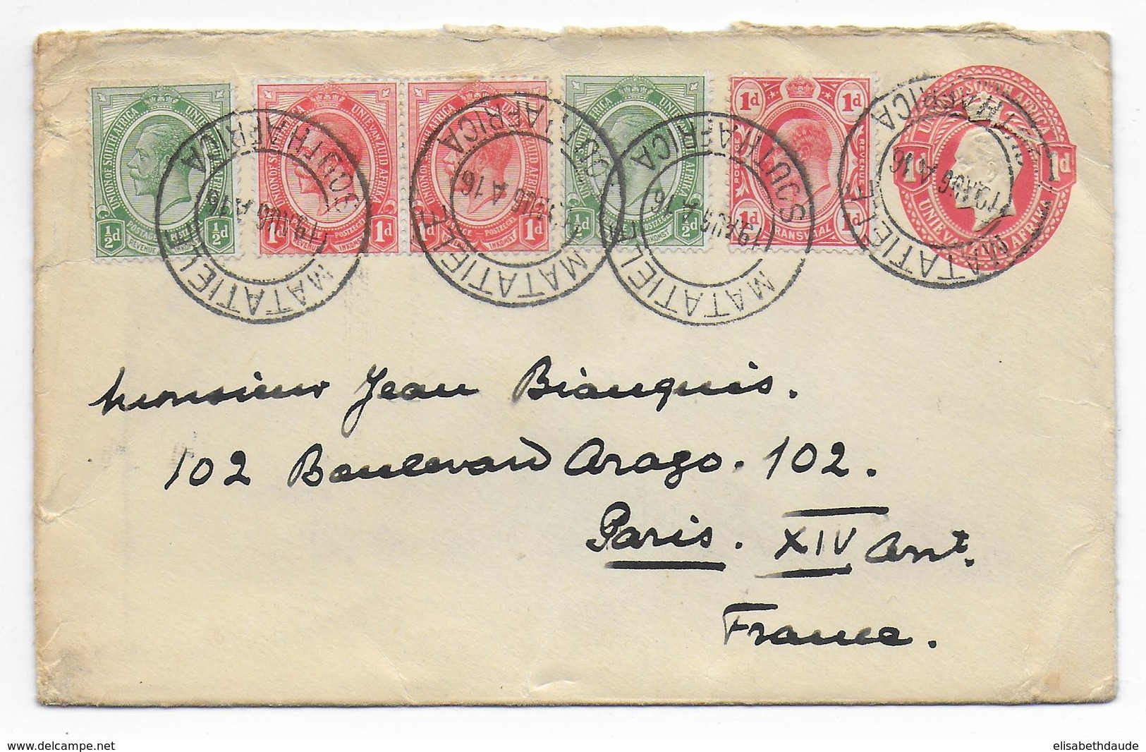 SOUTH AFRICA - 1916 - ENVELOPPE ENTIER De MATATIELE (TRANSVAAL) => PARIS - Lettres & Documents