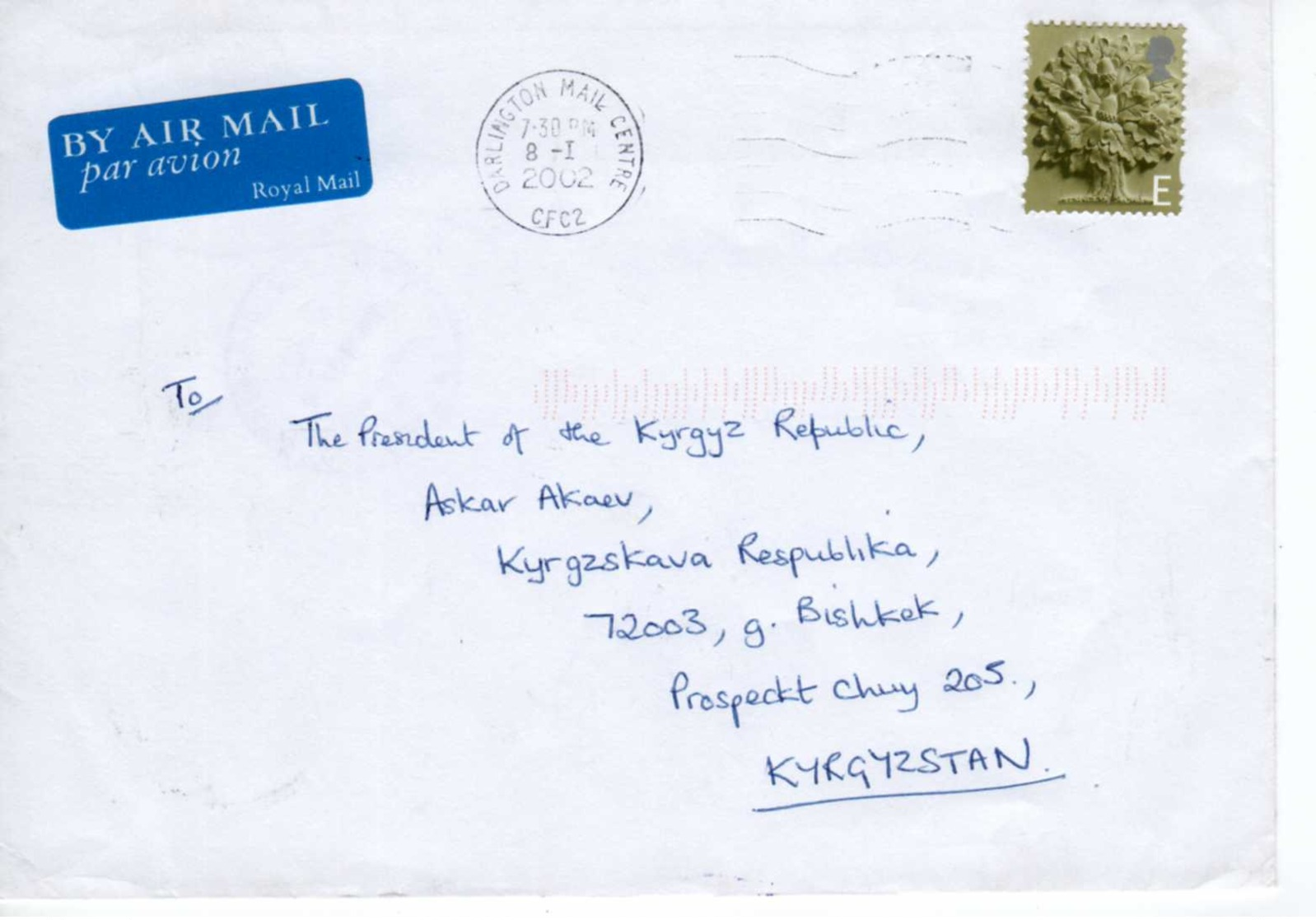 Cover (airmail): Great Britain - Kyrgyzstan, 2002. - Lettres & Documents