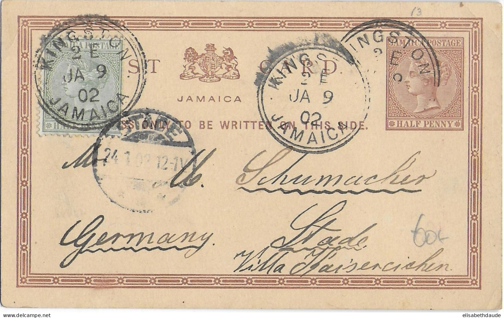 JAMAICA - 1902 - CARTE ENTIER De KINGSTOWN => STADE  (GERMANY) - Jamaica (...-1961)