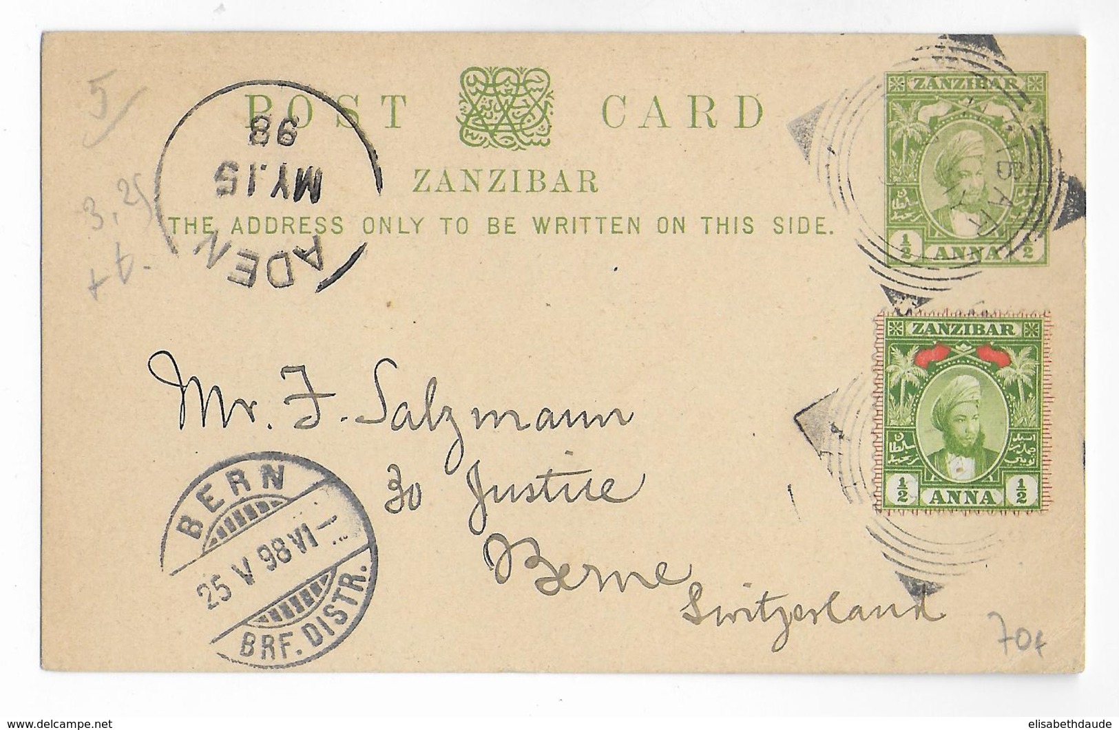 ZANZIBAR - 1898 - CARTE ENTIER  => BERNE (SUISSE) Via ADEN - Zanzibar (...-1963)