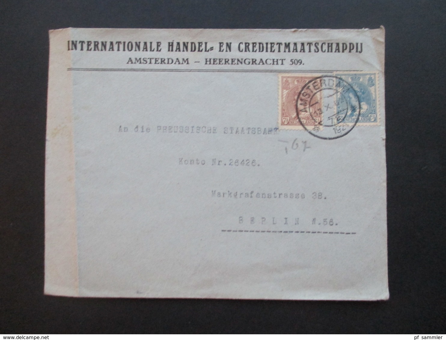 Niederlande 1921 4 Belege an die Preussische Staatsbank Königliche Seehandlung in Berlin Bankenkorrespondenz