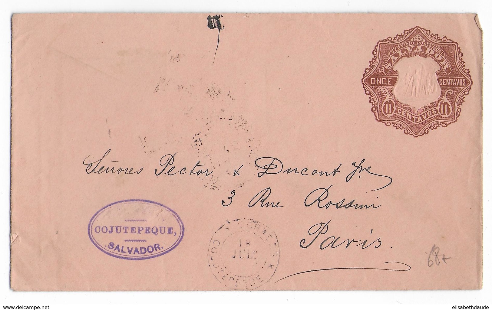 SALVADOR - 1892 - ENVELOPPE ENTIER De COJUTEPEQUE ! (RARE) => PARIS - El Salvador