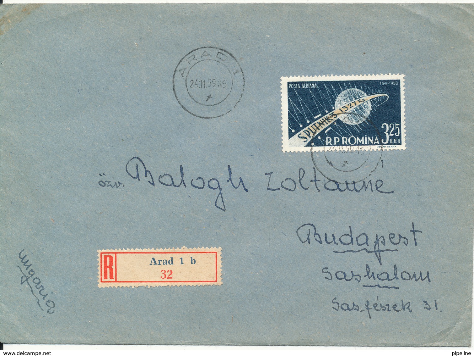 Romania Registered Cover Sent To Hungary Arad 24-11-1959 Single Franked - Cartas & Documentos