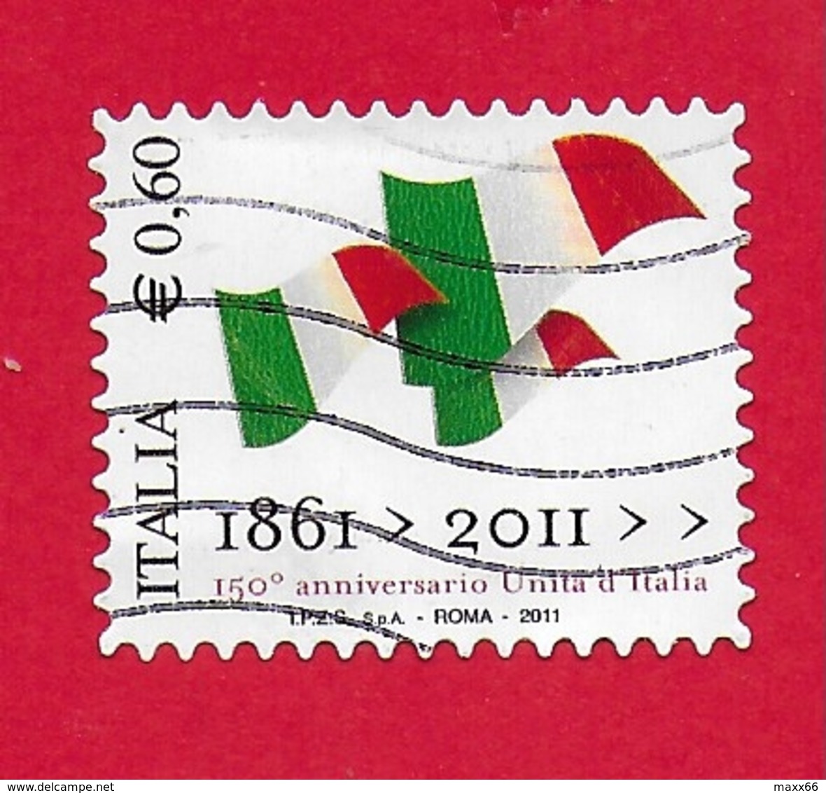 ITALIA REPUBBLICA USATO - 2011 - 150º Anniversario Dell'unità D'Italia - Bandiere Italiane -  € 0,60 - S. 3212 - 2011-20: Usati