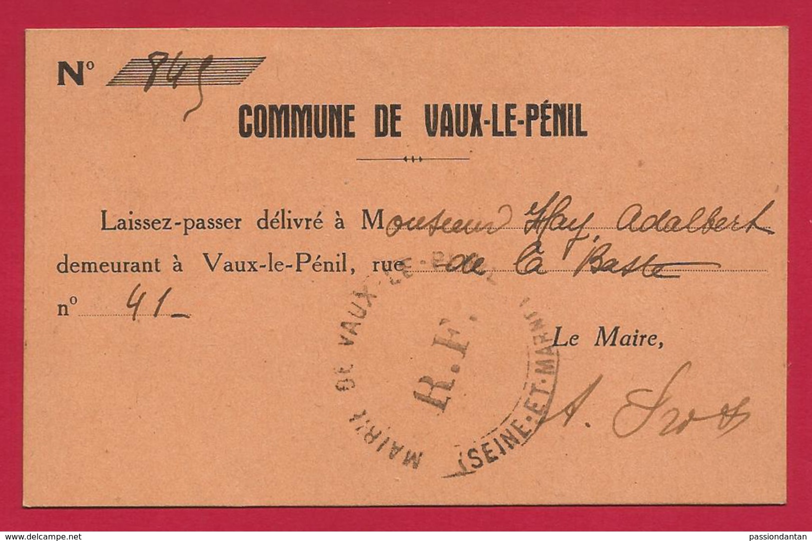 Laissez-passer Individuel De La Seconde Guerre Mondiale - Commune De Vaux Le Pénil - N° 845 - Dokumente