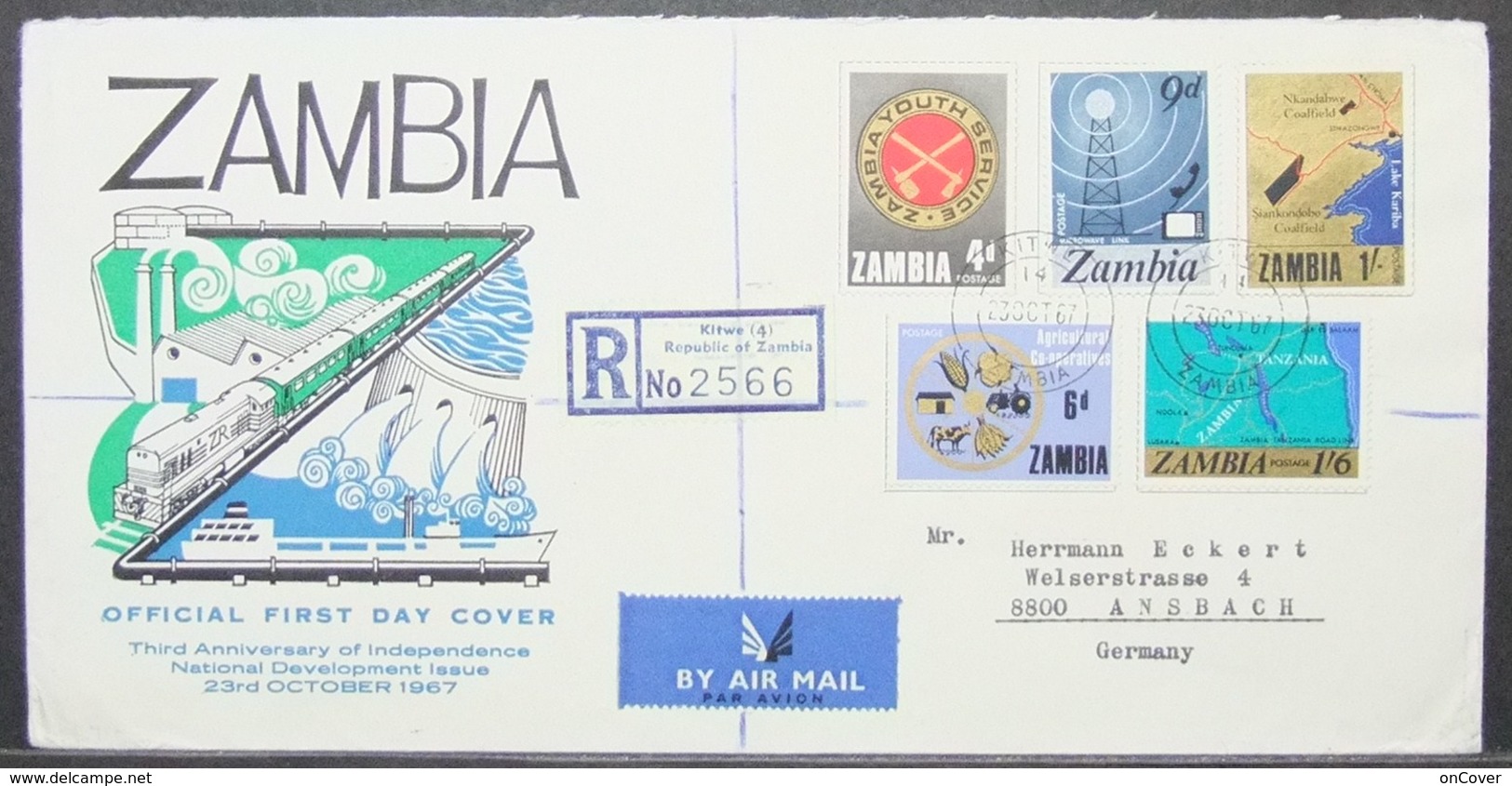 Zambia - Registered Cover To Gerrmany FDC 1977 Map TV Telephone Food Kitwe - Zambia (1965-...)