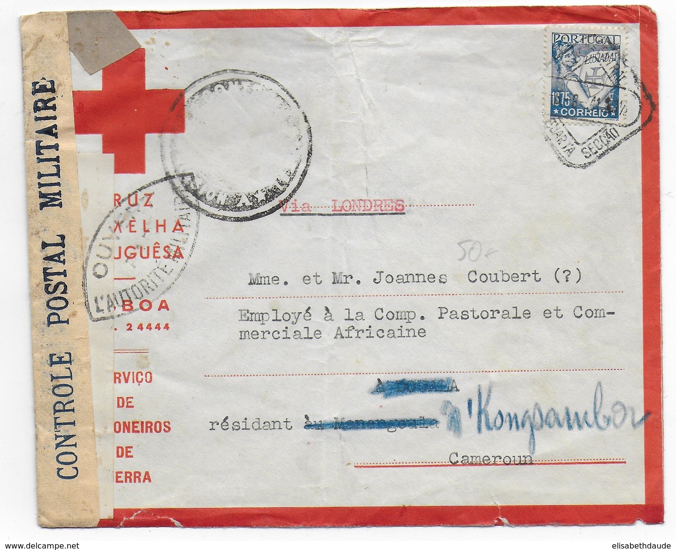 1941 - CROIX-ROUGE PORTUGAL - ENVELOPPE De GENEVE Avec CENSURES => N'KONG SEMBA (CAMEROUN) ! - Rode Kruis