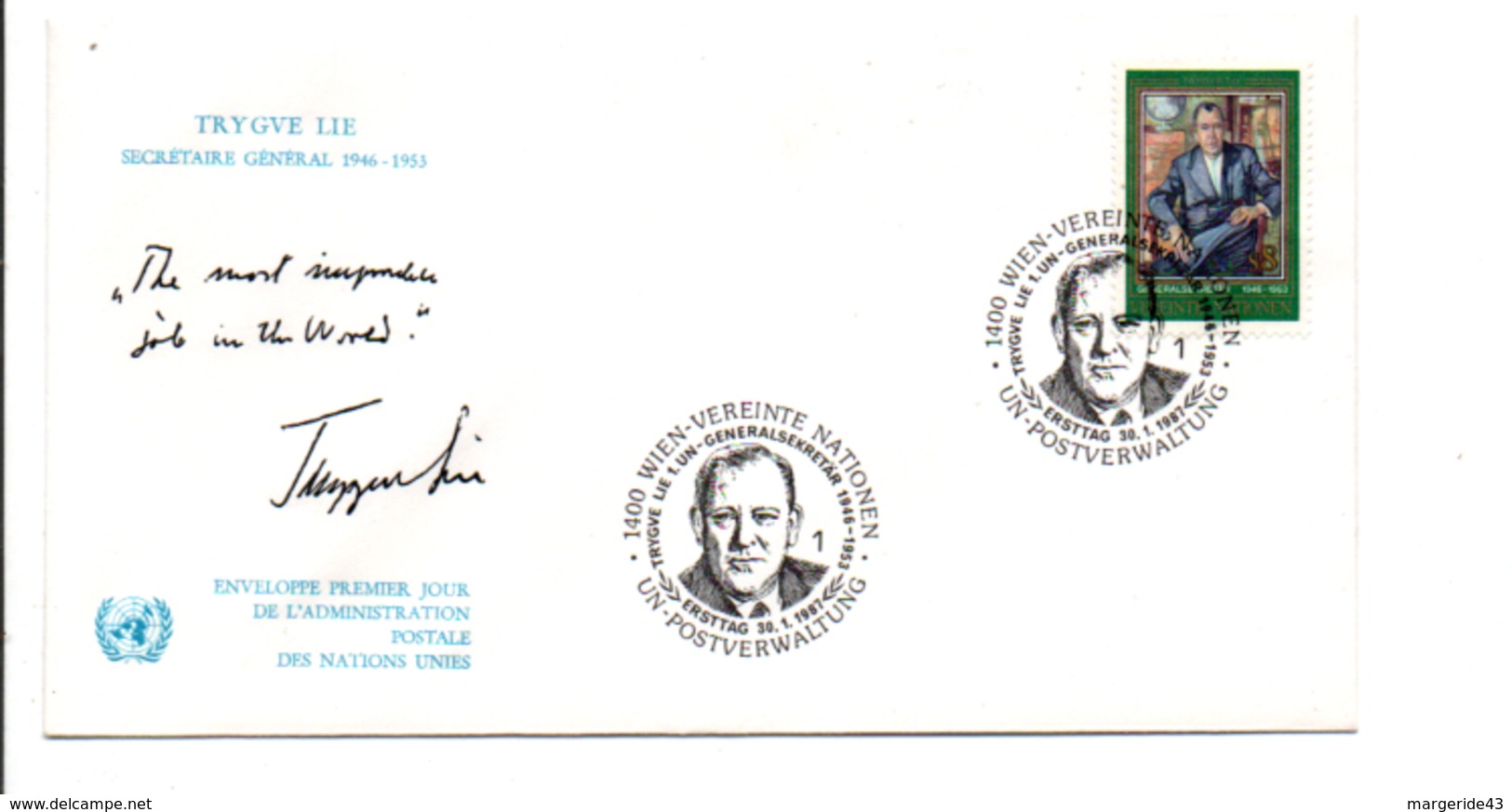 NATIONS UNIES FDC 1987 TRYGVE LIE - FDC