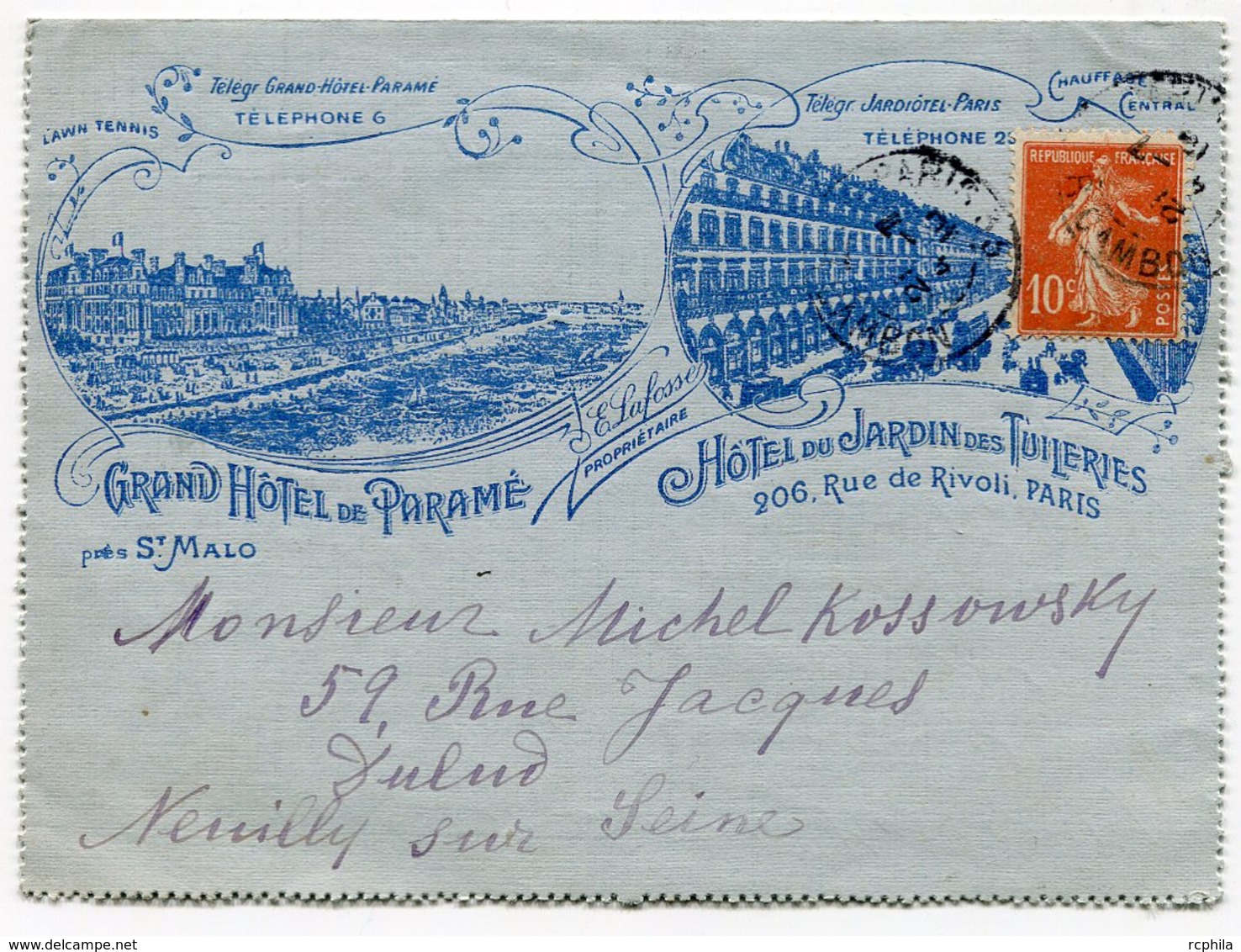 RC 14911 FRANCE CARTE LETTRE A EN-TETE COMMERCIALE ILLUSTRÉE HOTEL DE PARAMÉ PRÈS ST MALO ET JARDIN DES TUILERIES PARIS - 1877-1920: Semi Modern Period