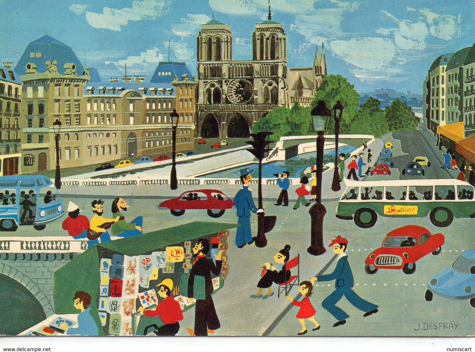 Paris 75004 Notre-Dame Paris Naif Animée Aquarelle De Jacqueline Desfray Bus Voitures - Musei