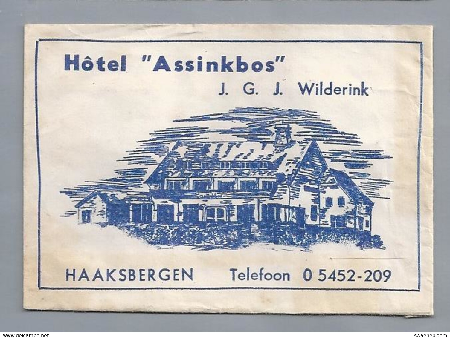 Suikerzakje.- HAAKSBERGEN. HOTEL ASSINKBOS. J.G.J. Wilderink. Tel. 209. Sugar Bag Embalage De Sucre Zucchero Zucker - Suiker